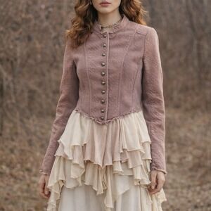 Free People Military Victorian Ruffle Jacket Mauve Cream Boho Tiered Peplum Sz 0